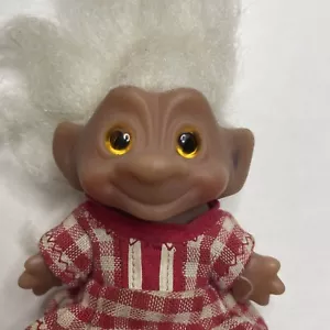 Vintage 2.5” rare Dam Troll Doll orange Eyes 1960s? gingham dress white hair - Picture 1 of 9