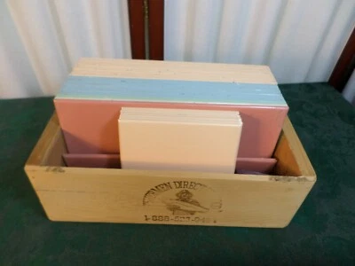 108 Unique Vintage Mixed Sizes & Colors Metal Tiles w/Wooden Advertising Box - Image 1 of 4