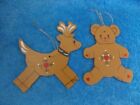 Set Of 2 Vintage Hand Painted Flat Wood  Teddy Bear & Deer Christmas Ornament