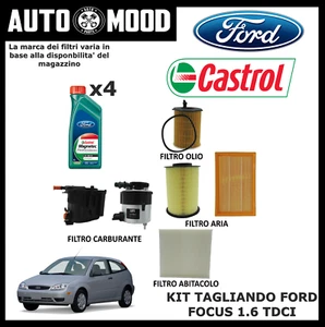 KIT TAGLIANDO FORD FOCUS II 1.6 TDCI 4 FILTRI + 4LT OLIO CASTROL FOR5D 5W30 A5 - Picture 1 of 1