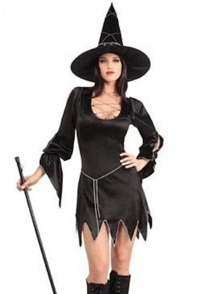 Halloween Black & Silver Witch Costume Dress Loose Sleeves & Hat Size 10-12 - Image 1 of 1