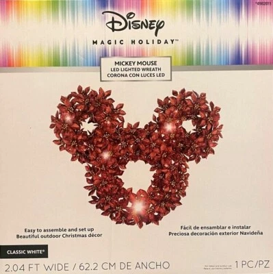 Disney Magic Holiday Mickey Mouse Lighted Poinsettia Wreath - NEW - Image 1 of 2