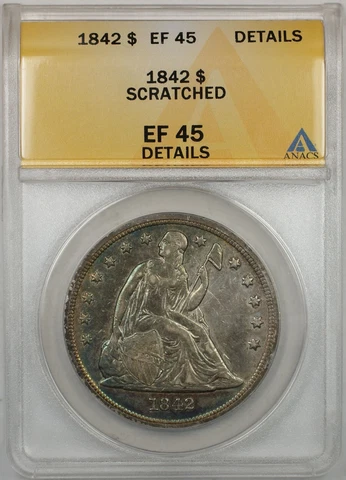 1842 Seated Liberty Silver Dollar Coin $1 ANACS EF-45 Scratched Details (9A) Cover