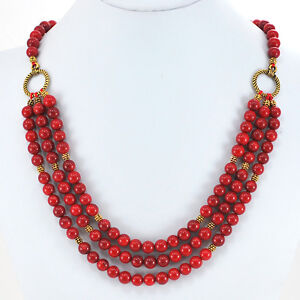 3 Strands Red Sea Coral Round Beads Gold Toggle Necklace 19" FREE SHIPPING