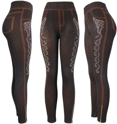 Rhinestone Solid Leggings High Waist Women's Denim Look Leggings Pants - Image 1 of 4