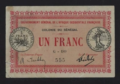 Senegal 1 franc 1917 P-2 VF - RADAR NUMBER - FRENCH - Image 1 of 2