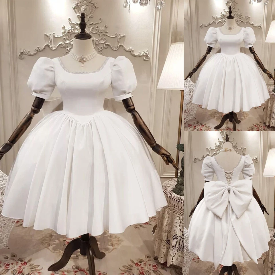 Short Wedding Dresses with Big Bow Princess Square Neck Puff Sleeves Bridal Gown - Image 1 of 4