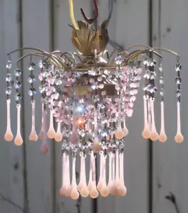 Vintage waterfall Opaline pink Tole brass SWAG lamp crystal beaded chandelier - Picture 1 of 12