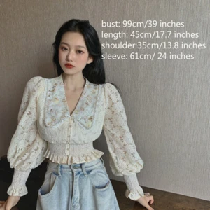 Lady Blouse Shirt Crop Top Ruffle Lace Floral Puff Long Sleeve V-neck Retro Slim - Picture 1 of 8