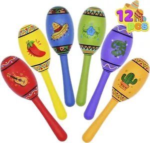 12 Mini Wooden Maracas 6 Designs Noisemaker Mexican Fiesta Party Musical Favors - Picture 1 of 6