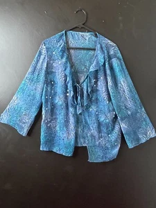 Vintage y2k Ladies Sheer Blue Cascade Ruffle Blouse Sequin Summer Hippie AU 12 - Picture 1 of 12