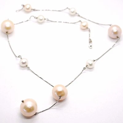 COLLANA ORO BIANCO 18K, CON PENDENTE, PERLE GRANDI, BIANCHE E ROSA, 16 MM - Immagine 1 di 4