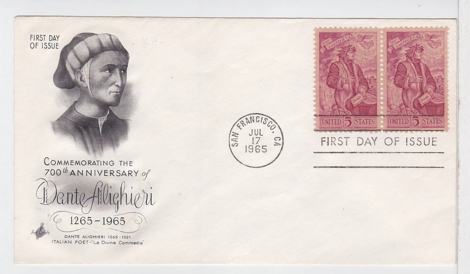 TurtlesTradingPost- Dante Alighieri #1268- 1965- FDC Artcraft Cachet- Pair - Image 1 of 1