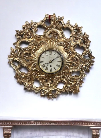 Mid Century Gold 19" Syroco Wood 8 Day Jeweled Wall Clock Key Wind Ornate ~Works Cover