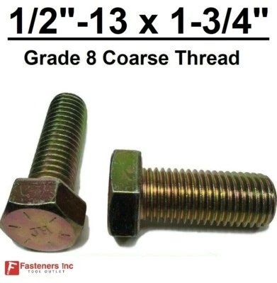FASTENERS INC. 1/2-13 x 1-3/4" (FT) Hex Bolt Yellow Zinc Plated Grade 8 Cap Screw Coarse Thread