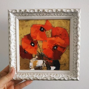 Poppies Painting California Poppy Floral Art Impasto Oil Painting Original 6x6 - Picture 1 of 10