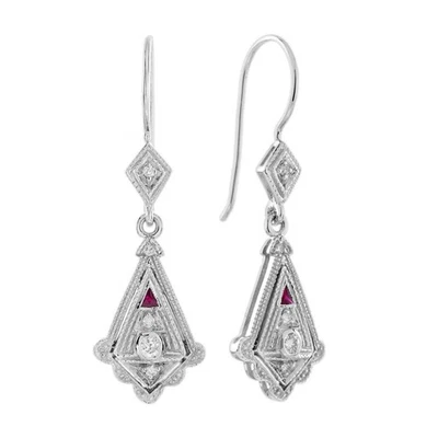 14K White Gold Natural Diamond and Ruby Art Deco Style Drop Earrings - Image 1 of 4