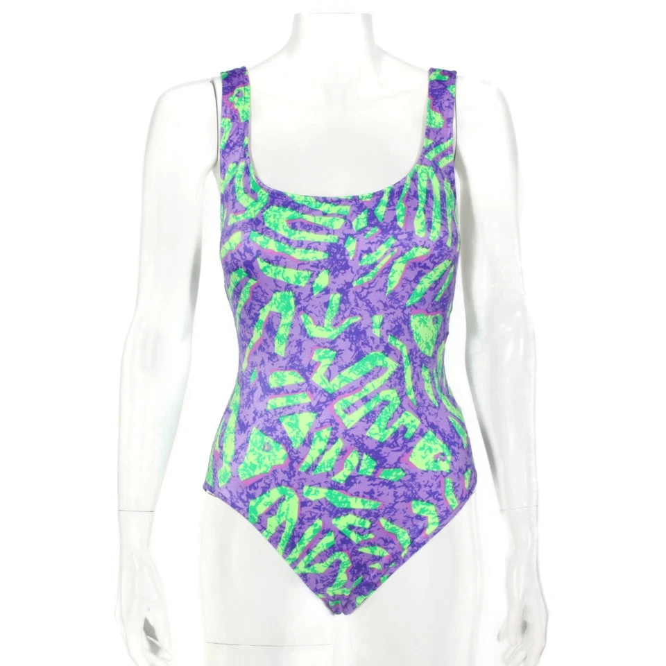 TRAJE DE BAÑO NEÓN de colección años 80 90 surf playa verde púrpura Baywatch para mujer talla 9/417 Foto 1 de 4