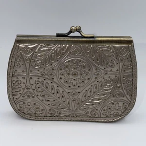 Embossed Leather Credit Card Holder Change Purse Wallet Gold KISS Lock Closure - Picture 1 of 8