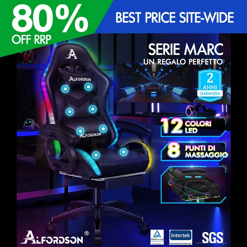 ALFORDSON Sedia Gaming con 12 Colori LED Massaggio Sedia Ufficio Nero - Immagine 1 di 4
