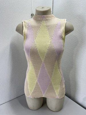 Top Buberry para mujer Argyle tejido intarsia sin mangas talla S rosa/amarillo Foto 1 de 4