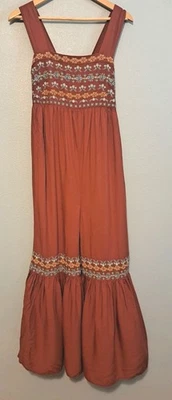 Natural Life Womens Jumpsuit M Burnt Orange Hannah Embroidered Bell Bottom Boho  - Image 1 of 4