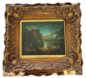 Circle of Sebastian Pether- Antique Moonlit Castle Boat Landscape- Oil Oak Panel - Picture 1 of 11