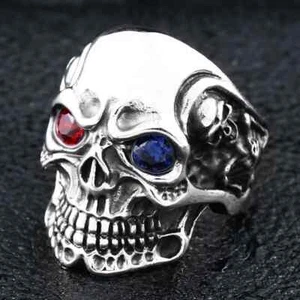Retro Rot Blau Augen Totenkopf Ring für Männer Punk Gothic Rock Hiphop Offener Ring - Bild 1 von 24