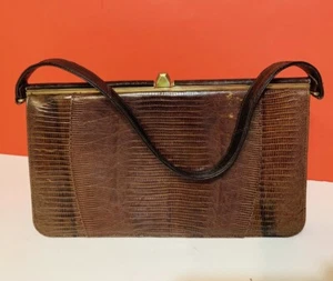 Vintage echt Eidechsenhaut braun Druckknopfverschluss Handtasche 1960er Sterling USA - Bild 1 von 13