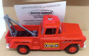 Matchbox 1955 Chevy 3100 Tow Truck 1:43 Scale Champion Plugs Fred's Service NIB