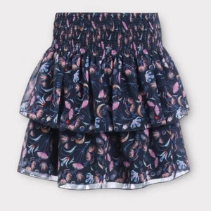 Chloe Girls' Sz 14 Tiered Floral Print Skirt Boho Blue Double Lined Smocked - Picture 1 of 7