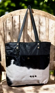 Myra Bag Leather Shoulder Tote Bag Black/White Cowhide Strap Accents Key Clip - Picture 1 of 9