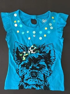 NUEVO CON ETIQUETAS CAMISETA DE PERRO JUSTICE NIÑAS T 6 ARCO NEGRO TERCIOPELO PERRO MANGAS DE ALETEO AZUL TOP SHIR - Imagen 1 de 3