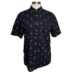 H&M Mens M Black Palm Tree Lightweight 100% Cotton Short Sleeve Button Shirt - Picture 1 of 8