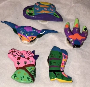 Lot Of 5 Hand Painted Southwestern Colorful Button Covers Cowboy Hat Cactus Bull - Picture 1 of 4