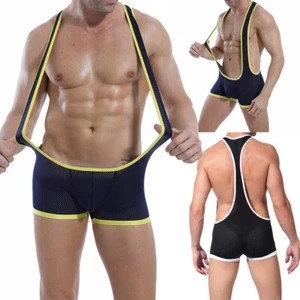 Mens Mesh Wrestling Singlet Jumpsuit Fitness Vest Leotard Bodysuit Boxer Shorts - Picture 1 of 25