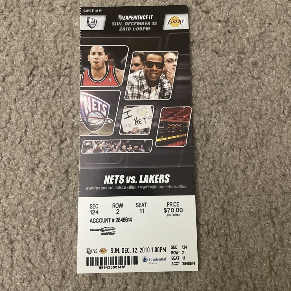 Boleto 2010 Lakers at New Jersey Nets 12/12/10 Kobe Bryant 32 puntos Jay-Z Foto 1 de 1