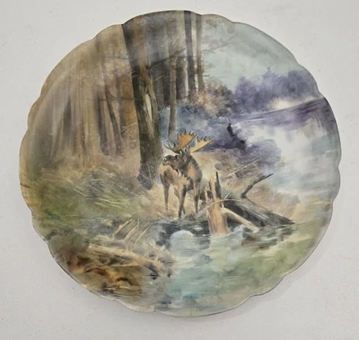 Муравей JP.L. Французское блюдо Jean Pouyat Limoges 12-3/4 дюйма с ручной росписью лось в дереве - Изображение 1 из 4