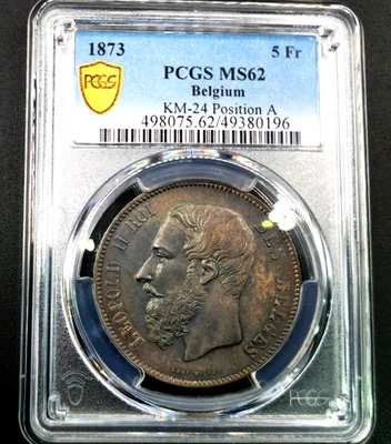 5 Francs 1873 Head of King Leopold III Small Head Position A Belgium MS62 PCGS ! - Image 1 of 4