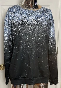 Women's Lightweight Sweatshirt Black White Blue Sequin Glitter Look Size L - Picture 1 of 8