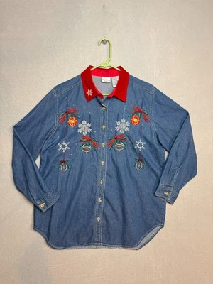 VTG Bobbie Brooks Woman size 14W/16W Embroidered Ornaments Christmas Denim Shirt - Image 1 of 4