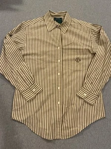 LAUREN RALPH LAUREN Women's Button Up Shirt Size 10 Striped BROWN 100% Cotton - Picture 1 of 8