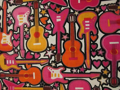 GUITARS ROCKER GUITAR MUSIC ROCK ROLL PINK ORANGE STARS HEARTS COTTON FABRIC FQ - Image 1 of 4