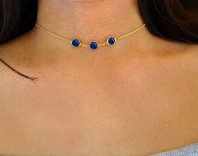 3.6Ct Lab Created Sapphire Past Present Future Choker Necklace Yellow Gold Over - Image 1 of 4