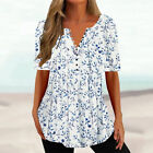 Women Holiday Floral Swing Long Tops Blouse Casual Loose V Neck Flared T-Shirt A