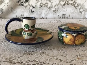 Set Talavera  Hand Mexican Pottery Lemons Fruit Jewelry Case candleholder - Picture 1 of 12