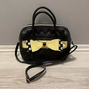 Betsey Johnson Heart Bow Tie Rose Floral Lined Black Leather Crossbody Purse - Picture 1 of 6