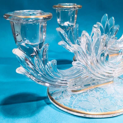 Vintage Pair Fostoria Double Candlestick Baroque Crystal Gold Meadow Rose Candle - Image 1 of 4
