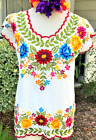 Mexico: Linen White Blouse Tunic Floral Embroidery Scalloped finish short sleeve