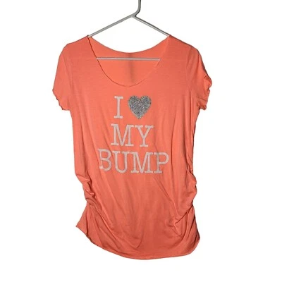 Women's Maternity I Love My Bump Cinched Short Sleeve Neon Orange Shirt Medium - Image 1 of 4